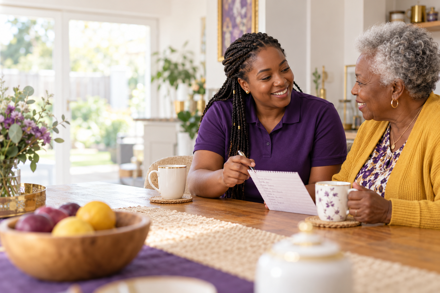 A support worker and an older woman talking together at home